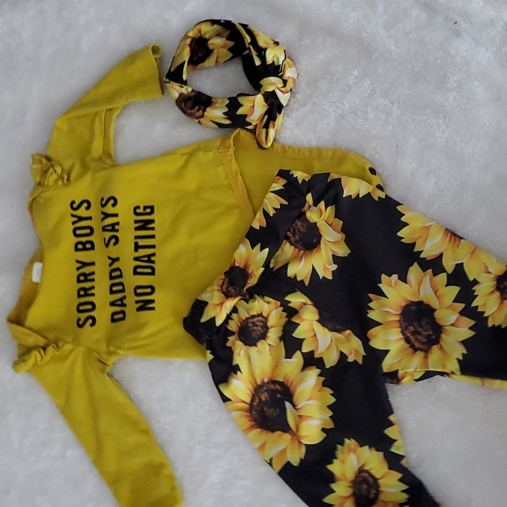 3 piece sunflower infant outfit.
